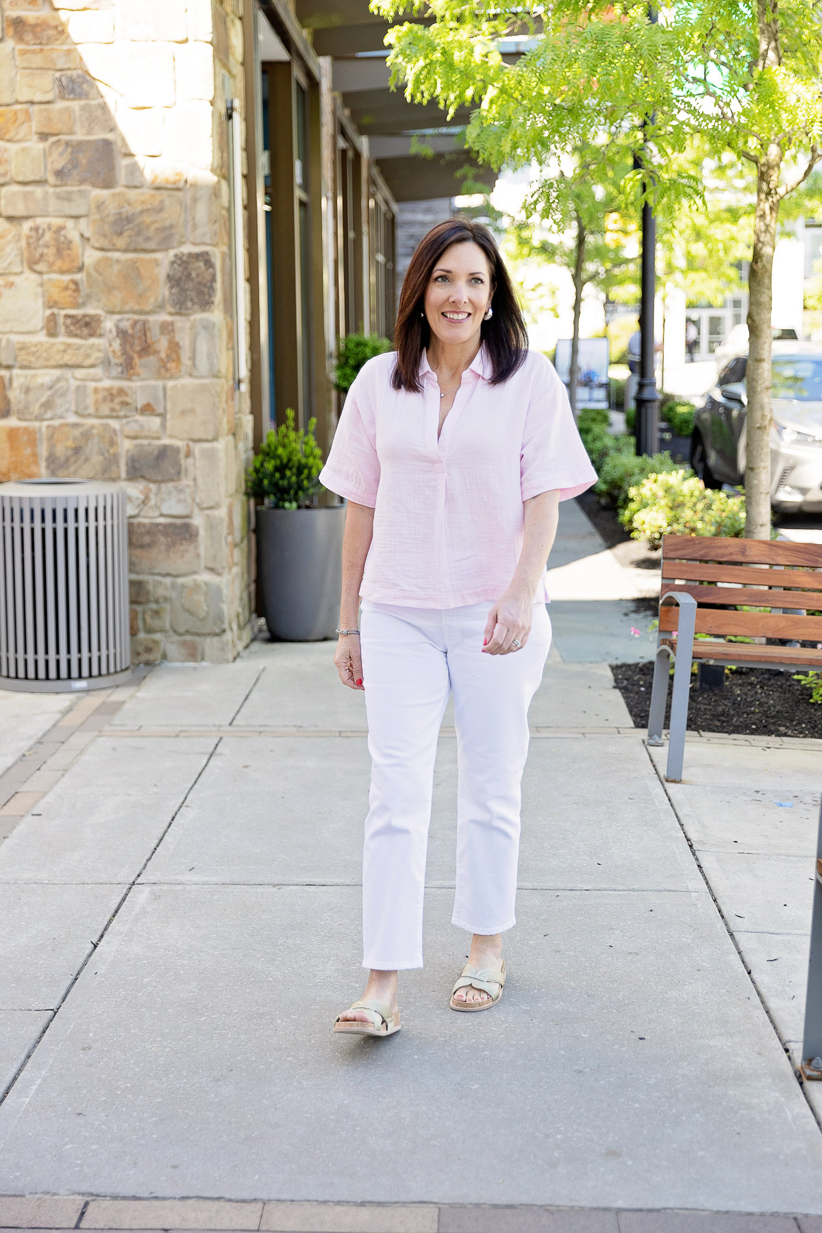 Relaxed Gauze Popover Top and Mid Rise Girlfriend Jeans 