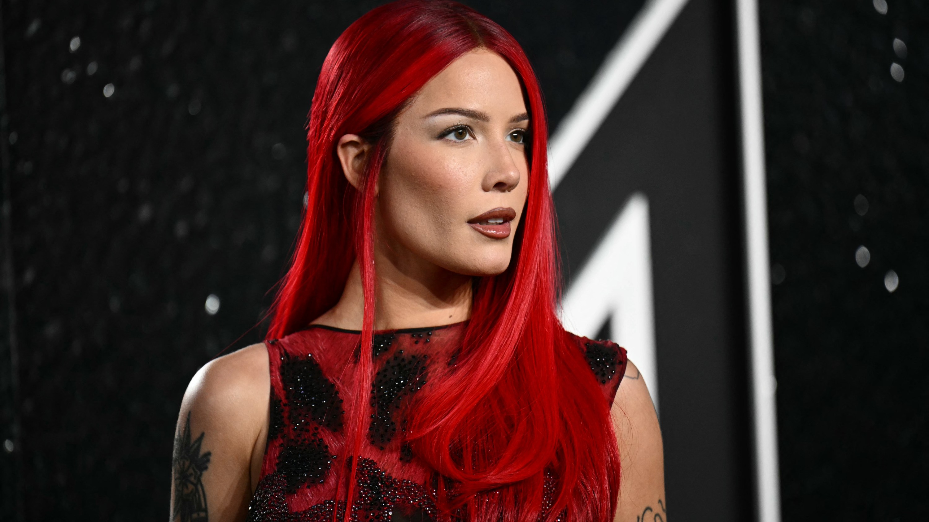 US singer Halsey arrives to attend the MTV Video Music Awards at UBS Arena in Elmont, New York, on September 11, 2024.